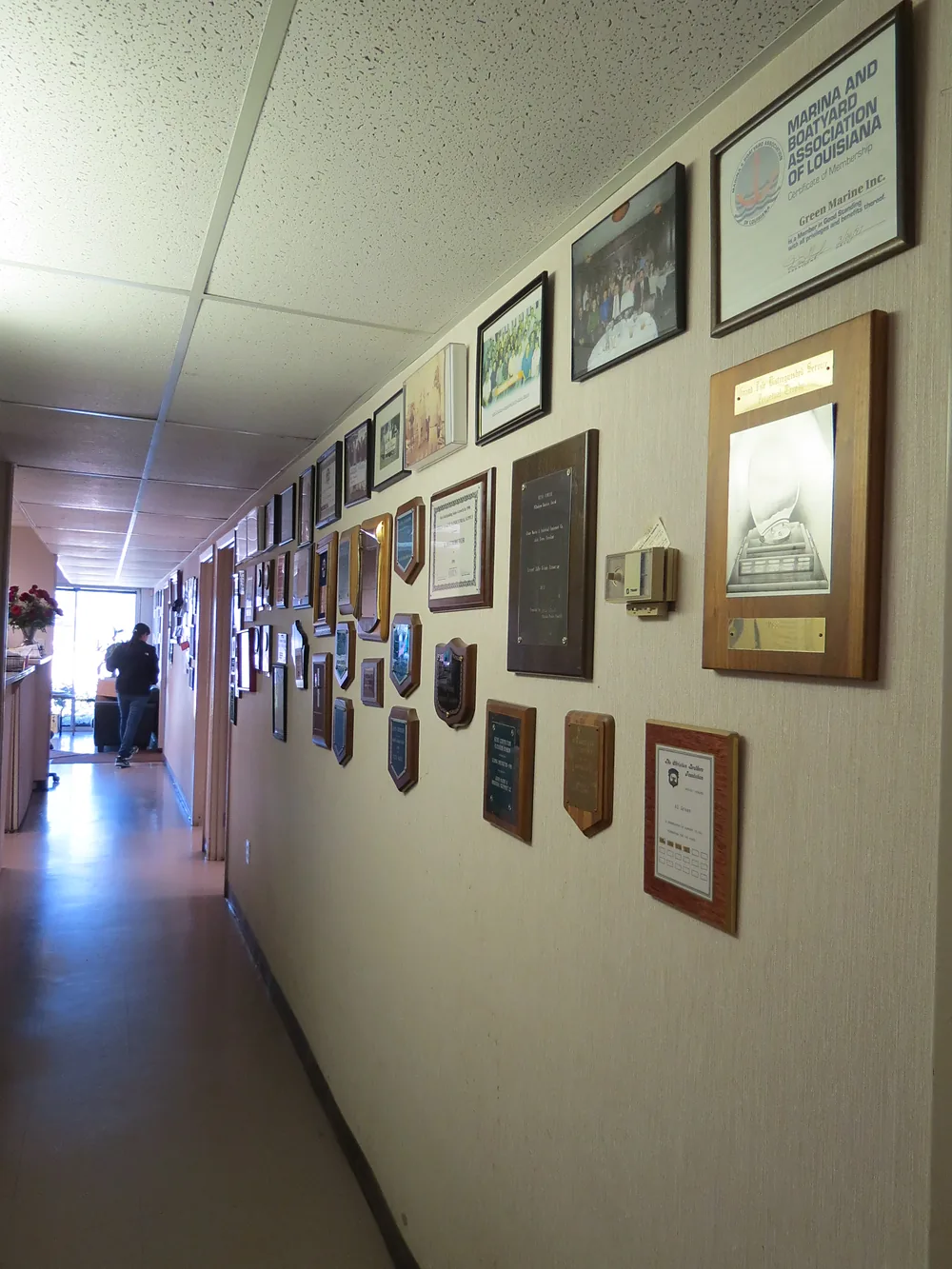 Awards and certificates along the Green Marine office corridor